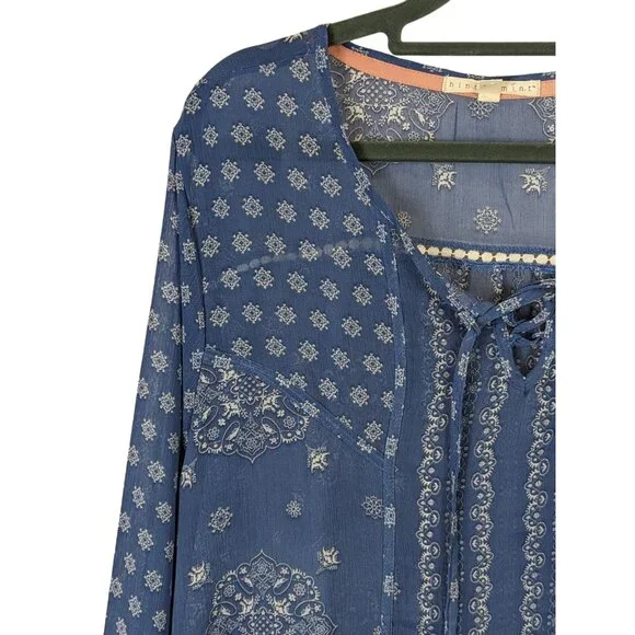 Hint of Mint Women Top Plus Size 18W Blue Sheer Paisley  Bohemian Flowy Romantic - Picture 7 of 14